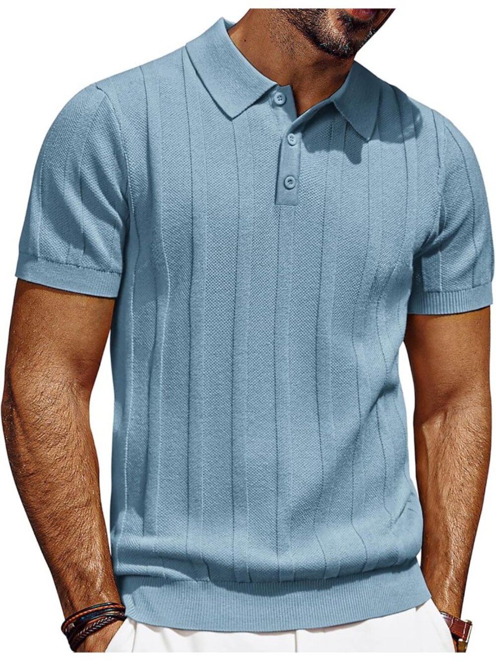 Men's Blue Polo Short Sleeve Textured Knit Polo Ribbed Casual Golf Shirts